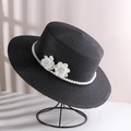 Black flat-top straw sun hat with white pearl beads and decorative floral accents - Double Flower Pearl Flat Top Straw Hat Black