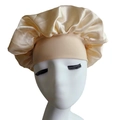 Champagne satin wide-band sleep cap for hair care shown on white mannequin head - Beige
