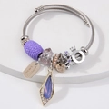 Adjustable silver cable wire bracelet with purple crystal charms and teardrop pearl pendant - Purple