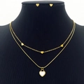 Gold plated heart jewelry set with layered necklace and stud earrings for women - Double Layer White MOP Heart Set (KS201098-HDJ)