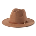 Detailed macro of brown wool fedora with leather strap and polished gold buckle - M(56-58cm) / Brown + Brown Belt