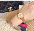 Close-up of diamond-set gold watch with champagne dial and brown leather strap on wrist - Gold Dial Orange Strap