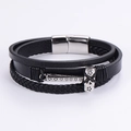 Men's multilayer black leather bracelet with silver stainless steel magnetic clasp - Hammer