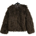 Veste en fausse fourrure marron à poils longs et col rond sur un cintre blanc - S / Café Foncé