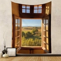 Detail of 3D window landscape tapestry showing vast rural fields and distant mountains - Tuscan Sunny Window View (GT230320)