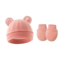 Pink newborn baby hat with round ears and matching anti-scratch mittens set in soft cotton - Hat And Gloves / Shrimp Pink