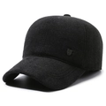 Men's winter black wool baseball cap with thermal ear protection and metal shield detail - Adjustable / Black With Shield Logo