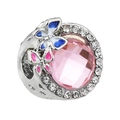 Silberne Perle mit rosa facettiertem Kristall und bunten Emaille-Schmetterling-Details - Rosa Strass Doppelter Schmetterling Stil (010)