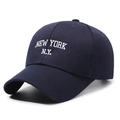 Classic navy blue cotton baseball cap with white New York embroidery on white background - Adjustable / Navy Blue