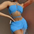 Three-piece vibrant blue ruched mesh bikini set with halter top and drawstring skirt - Sky Blue