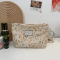 Floral beige corduroy makeup bag with Time to Party patch and vibrant flower patterns - Light Pink Ditsy Floral