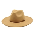 Detail of camel wool fedora hat with brown leather band and golden buckle finish - M (56-58cm) / Camel