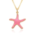 Bohemian gold plated starfish pendant necklace with pink enamel and intricate gold dots - Pink