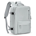 Light grey multi-functional travel backpack with USB charging port and nylon fabric texture - Vertical Single Zipper / Light Gray