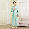 Men's light mint green flannel bathrobe with white piping detail and belted waist - Pea Green-Men