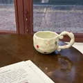 Irregular floral ceramic coffee mug with spiral handle and wave edge in cream white - Colorful Small Flowers Single Mug / Single Cup