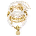 4-piece layered gold chain and white pearl bracelet set with vintage coin pendant - Style 5-Gold Pearl Portrait Coin Set