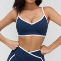 Dunkelblaues Sport-BH und Leggings Set mit weißem Kontrastrand und hohem Taillenbund - S / Marineblau