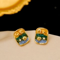 Boucles d'oreilles étoile de mer vintage avec perles et émail bleu-vert sur soie - Or 18K Jaune Perlé Vert Bleu Vert Olive (Tige en Argent 925)