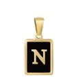 Colgante rectangular clásico de acero chapado en oro de 18K con esmalte negro y letra N - Concha Azul / Letra N