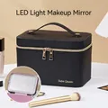 Black small LED makeup box with mirror in premium litchi grain finish and gold zippers - Small Black [LED Light]