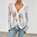 Sexy slim fit white lace long sleeve top with V-neck, ruffle trim, and front tie design - S / White