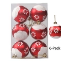 Set of 6 red Christmas ornaments with white floral patterns and snow-covered tops - E-Red with White Ends