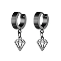 Close-up of black stainless steel earrings with geometric hollow diamond charms - Ear Buckle / Black