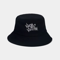 Detailed close-up of white Peso Pluma embroidery on a black cotton bucket hat - Black / M(56-58cm)