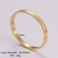 Macro detail of 6mm gold stainless steel bangle showing Roman numeral engravings - Women's Gold