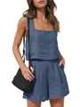 Ensemble 2 pièces en lin bleu gris pour femme avec haut sans manches et short à poches - S / Bleu royal