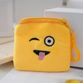 Yellow square plush coin purse with embroidered wink face and plastic hook clip - Style 1