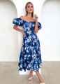 Dettaglio abito a fiori con spalle scoperte, busto a pieghe e maniche a sbuffo blu - S / Fiore Blu Scuro