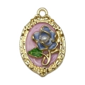 French vintage oval flower charm with blue enamel rose and pearl on golden metal base - Pink Oval Flower-22093
