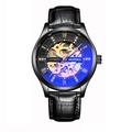 DEDIMA automatic watch with black leather strap, skeleton dial and blue gradient glass - Black Strap Black Case Black Dial