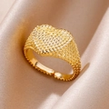 Adjustable golden open ring with embossed heart shape and detailed beaded texture - Golden Textured Heart