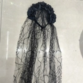 Gothic Halloween headband featuring five black silk roses and long distressed mesh lace veil - Style 7 Five Black Roses Distressed Spider Web Veil