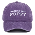 Detailed close-up of World's Best Poppy embroidery on purple washed cotton baseball cap - Letter Embroidery (WORLD'S BEST POPPY) / Purple