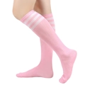 Detail of pink knee-high socks with triple white stripes in a classic collegiate style - One Size / Pink with White Stripes