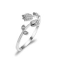 Silver-finished camellia flower ring with sparkling crystals and leaves on white background - Silver Double Flower Bud Rhinestone Style (7693)