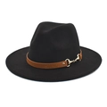 British style black wool fedora hat with brown leather band and gold metal horsebit detail - Black / M (56-58cm)