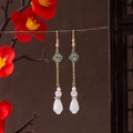 Vintage Chinese tassel earrings with blue enamel, gold detailing and white jade-style beads - Blue Enamel Ruyi Long Style (E4760-1)