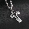 Detail of silver Byzantine chain with double-layered cross pendant on black background - 55cm Thickened Silver + Byzantine Chain