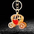 Golden pumpkin carriage keychain with sparkling rhinestones and a red crystal heart detail - A523 Heart Pumpkin Carriage Red