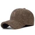 Men's thermal winter baseball cap with ear protection in brown knit texture and leather logo - Adjustable / Light Coffee Heathered