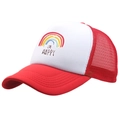 Red and white I'M HAPPY rainbow mesh trucker hat with curved brim on white background - Red