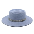 Detail of light blue straw boater hat featuring a crystal band and golden M logo - M (56-58cm) / Sky Blue