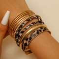 Gold-tone leopard print bangle set with multi-layer textures and sparkling rhinestones - Leopard Multi Layer Bracelet Set Style 02 (A-631)