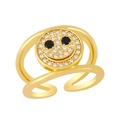 Double-layered 18K gold smile face ring with white zircon pave setting for women - Adjustable Open / Black