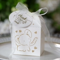 White elephant candy box with gold heart pattern and thank you tag with white ribbon - Ivory